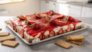 Erdbeerkuchen vom Blech ohne Backen: Dieses Quark-Dessert wird der Oster-Hit